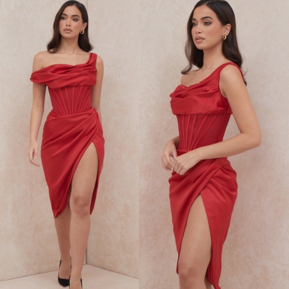 House of CB "Lulu" Red Asymmetric Drape Midi Corset Dress NWOT size S - Picture 3 of 13